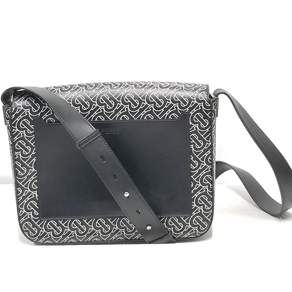 BURBERRY Calfskin Monogram TB Print Black and White Messenger Crossbody Bag